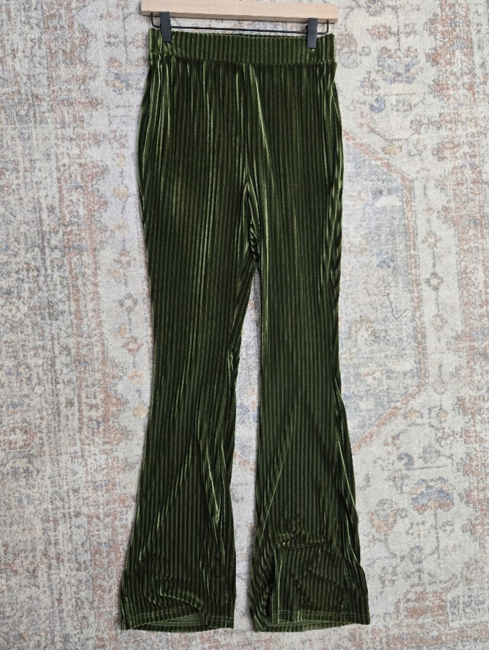 Olive Green Velvet Pleated Flare Pants